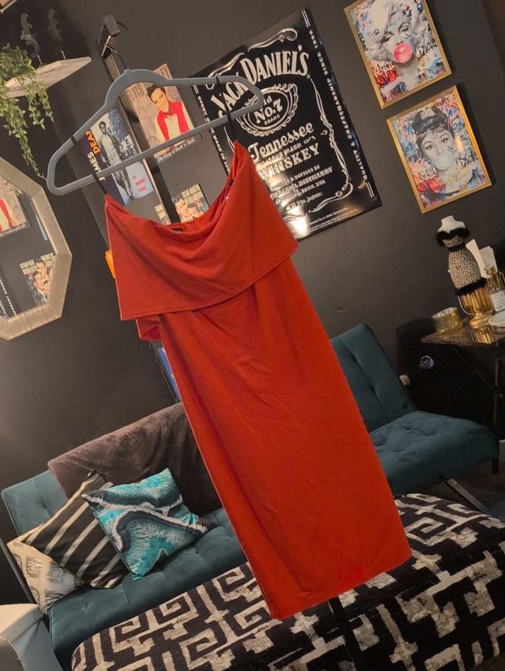 bebe Strapless Draped Orange Midi Dress